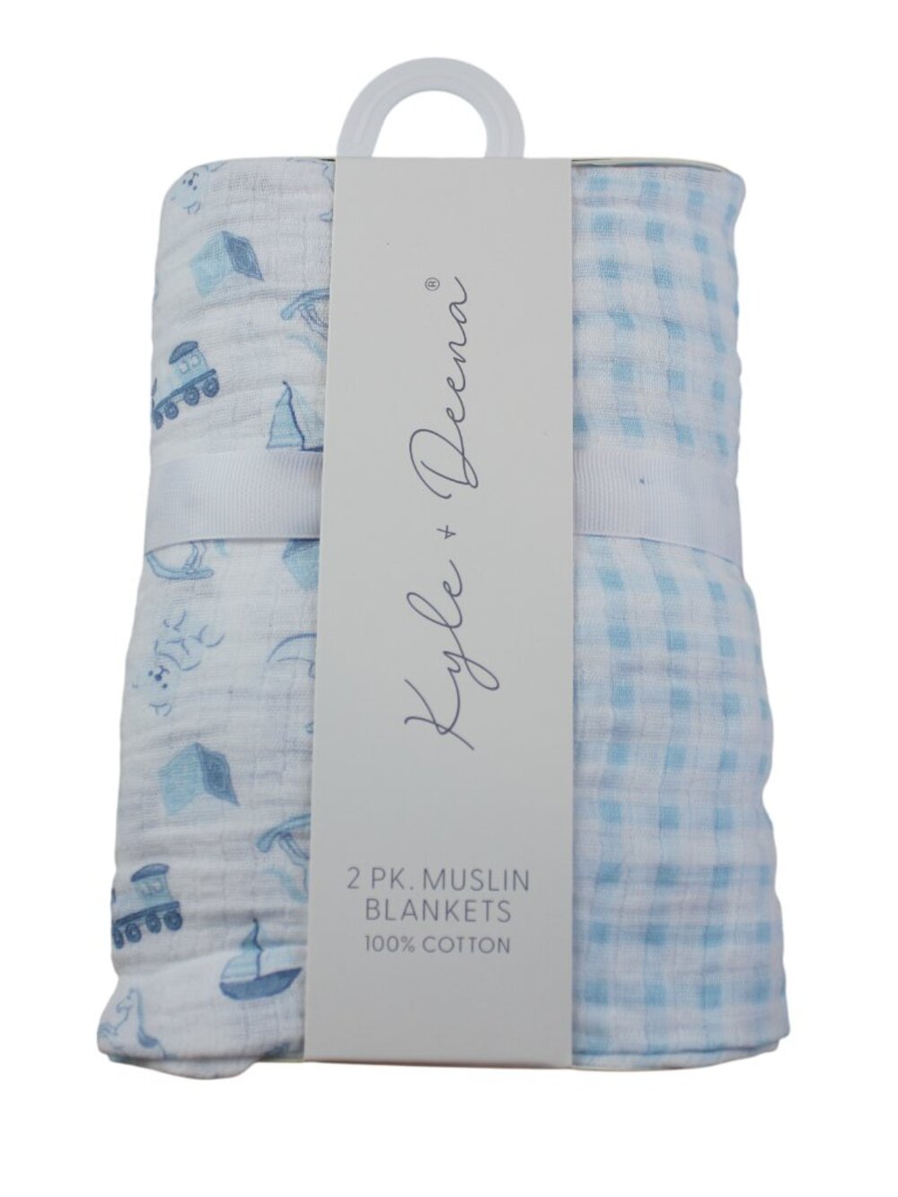 Kyle & Deena Muslin Baby Swaddle Blanket Set Blue Toys Gingham Boys NWT RARE